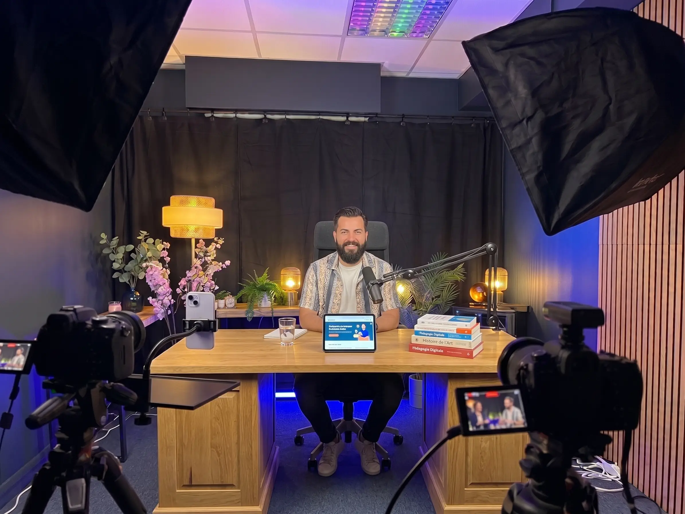 Studio vidéo à Limoges : configuration bureau face caméra pour vidéo de présentation, e-learning ou prise de parole, avec micro, prompteur et deux caméras 4K