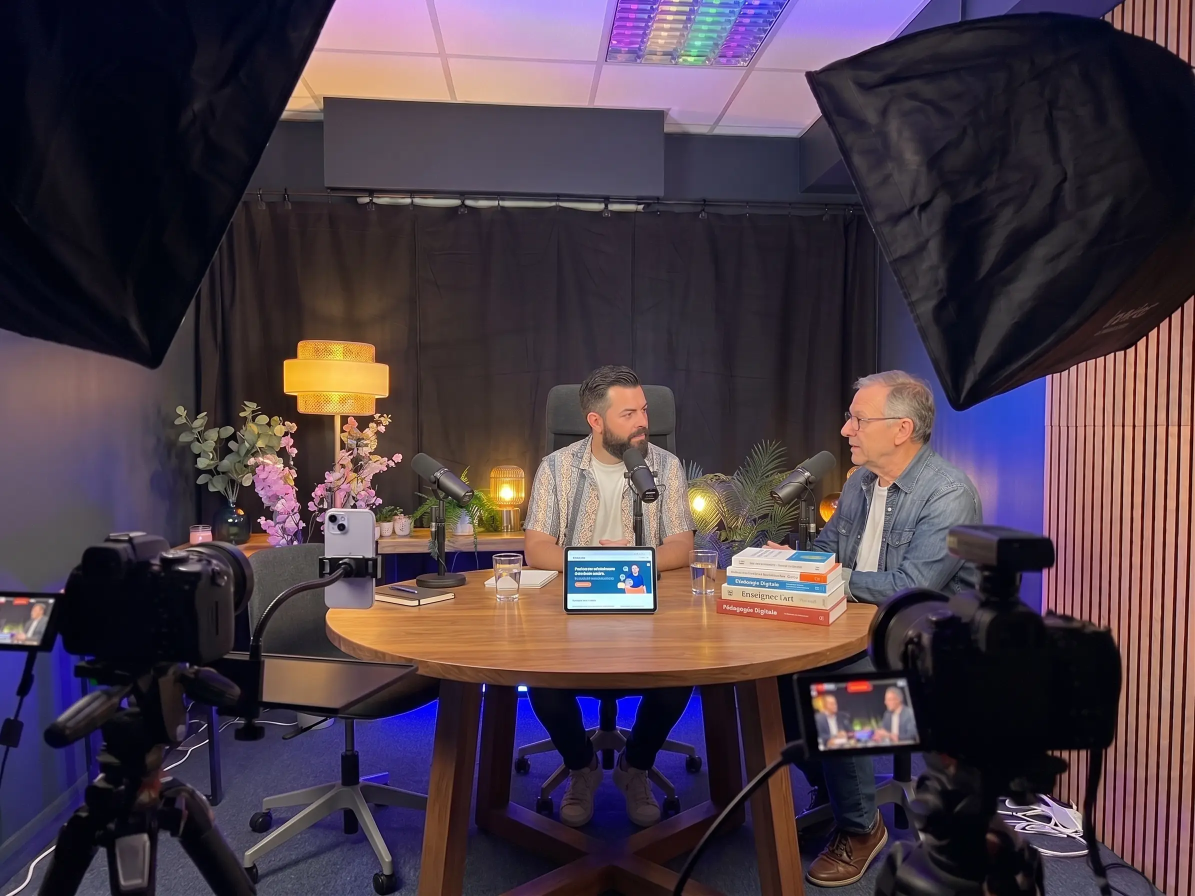 Studio podcast à Limoges : configuration table de réunion multi-caméras pour podcast à plusieurs invités, interview ou table ronde